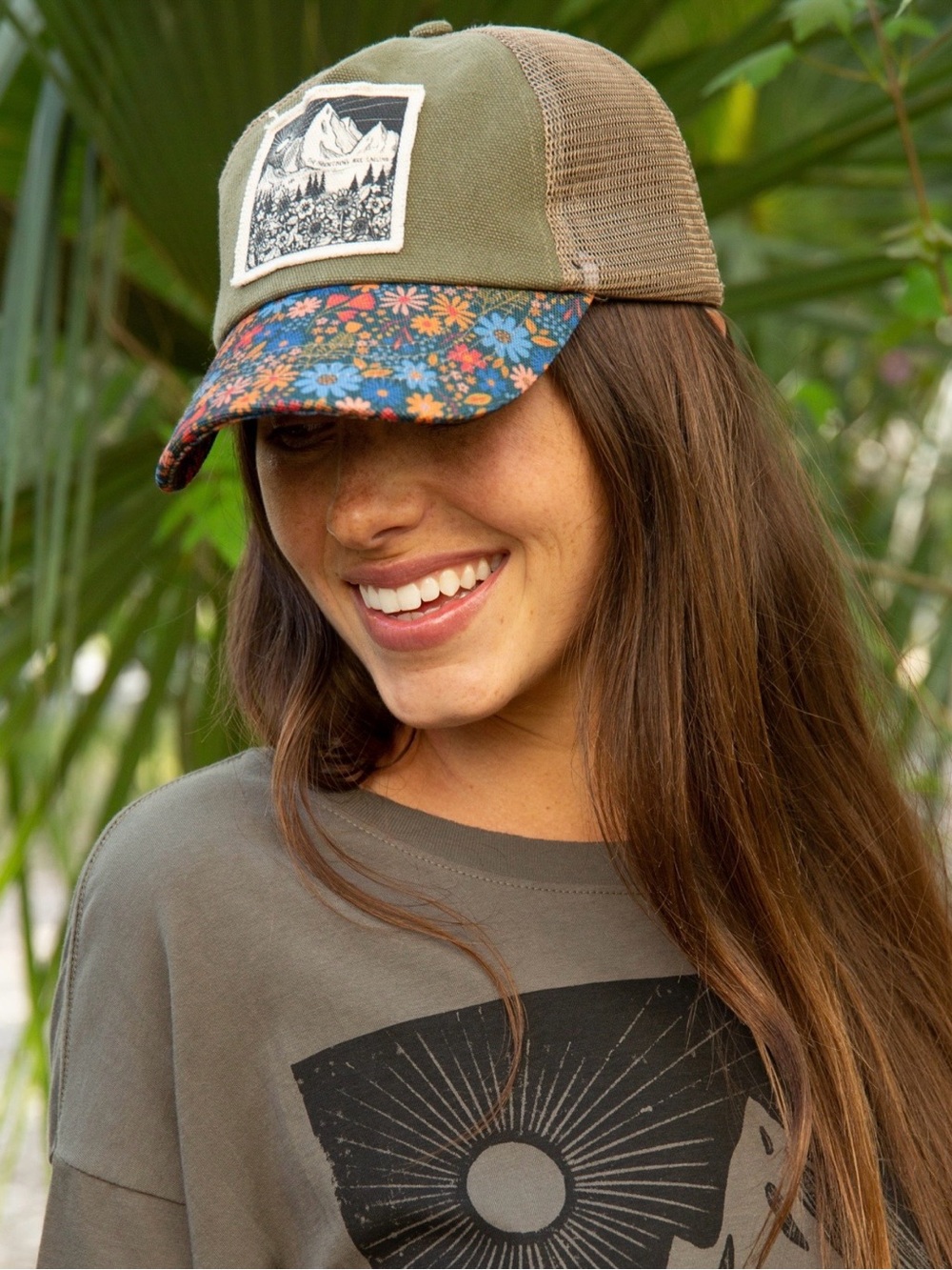 Natural Life Mountains Canvas Trucker Hat Floral Brim Snapback Boho Outdoors